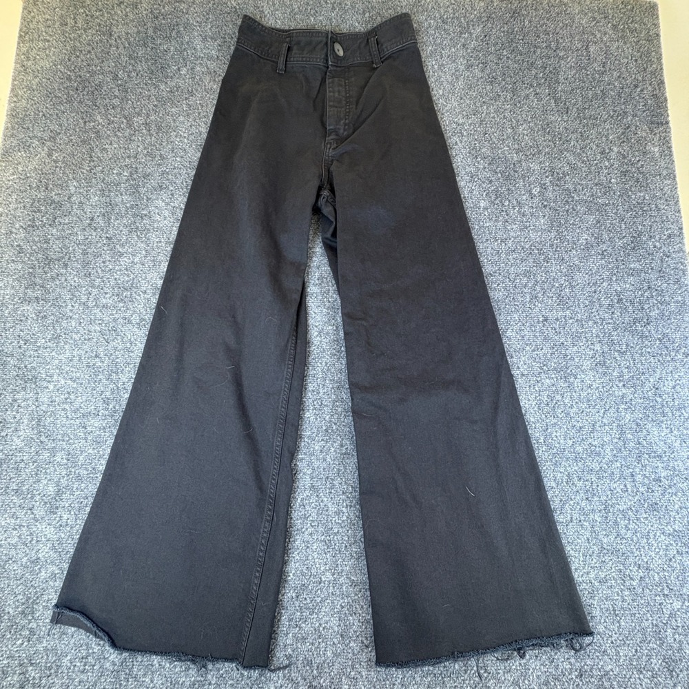 Zara Jeans Women 25x28 Black Denim High Waisted Boho Streetwear Wide Leg Raw Hem